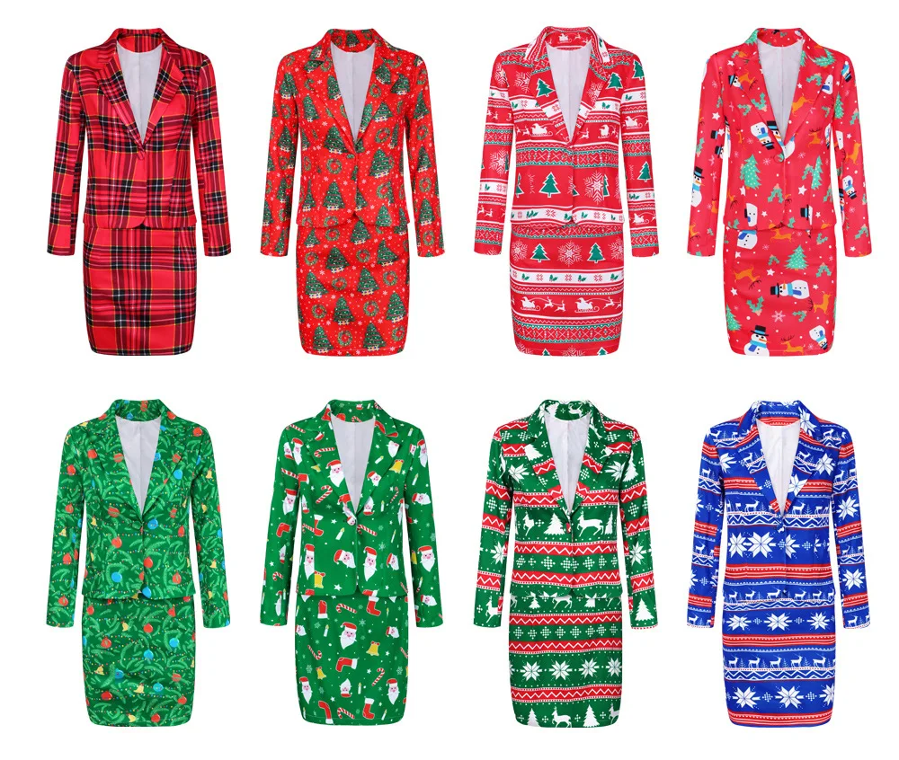Новинка, Женский блейзер, юбка, костюм, Рождественская куртка с принтом и мини-юбка, женские костюмы, женские комплекты,, элегантный женский комплект из 2 предметов