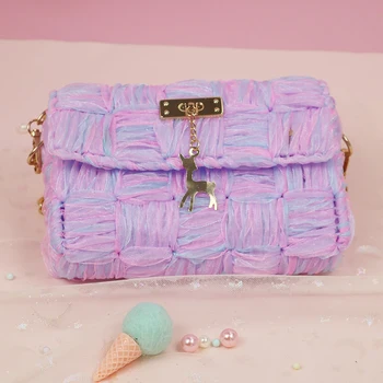 

2020 New Women'S Wallet Ins Fashion Cute Knitting Fawn Decoration Slant Span Bag Net Red Hand-Woven Ribbon Shoulder Bag