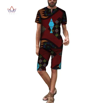 

Summer African Clothes Men Patchwork Shirts and Short Pants Bazin Riche African Clothing 100% Cotton Mens 2 Pieces Sets WYN617