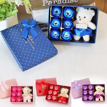 

6Pcs Scented Rose Flower Petal Gift Box With Bear Bath Body Soap Gift Wedding Party Favor flower soap petals 2020 hot