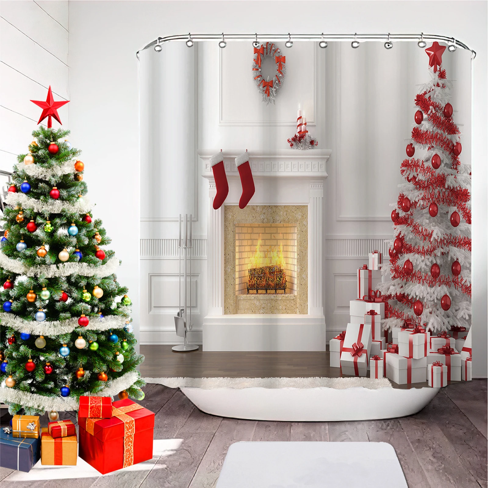

New Christmas Printed Shower Curtain Waterproof Mildew-proof Bathroom Hanging Curtains Multi Style