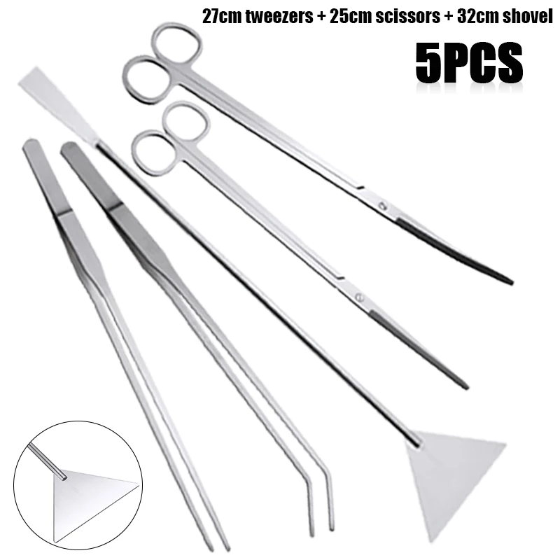 

5Pcs Stainless Steel Aquarium Cleaning Tool Kit Aquarium Tool Plant Tweezers + Scissors + Shovel Set For Water Plant Grass