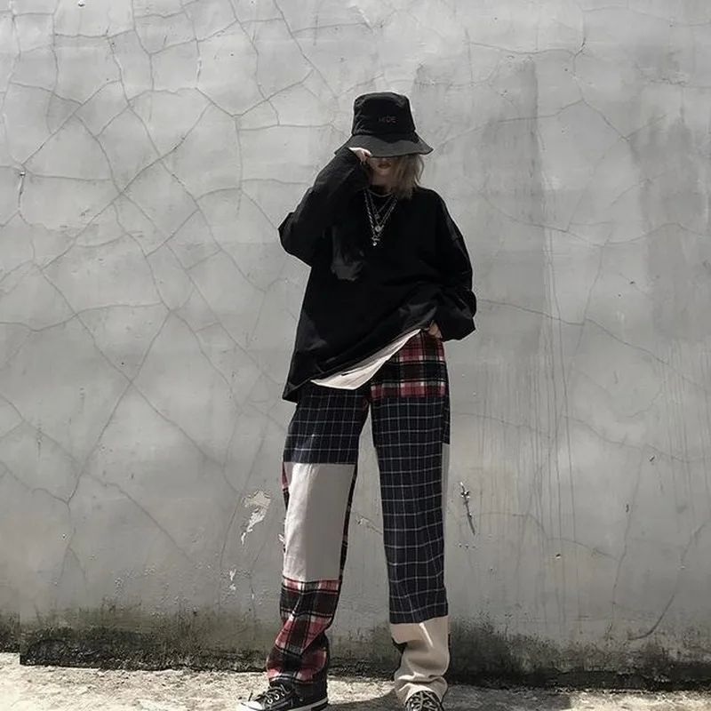 

HOUZHOU Korean Style Woman Pants Autumn Hip Hop Splicing Print Checkered Pants Cotton Loose Fashion Trousers Streetwear Women