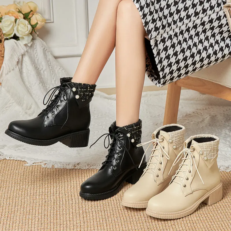 

New Fall Sen Women's Shoes Small Fragrance Style Color Matching Thick Heel Retro Pearl Ankle Boots Spring Lace-up Female Booties