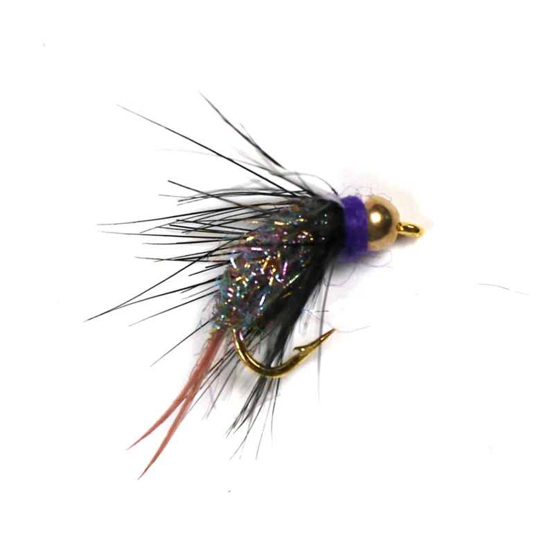 Bimoo 6PCS #12 Psycho Prince Nymph Crazy Purple Prince Nymph Fly Bright Brass Bead Head Trout Fishing Flies