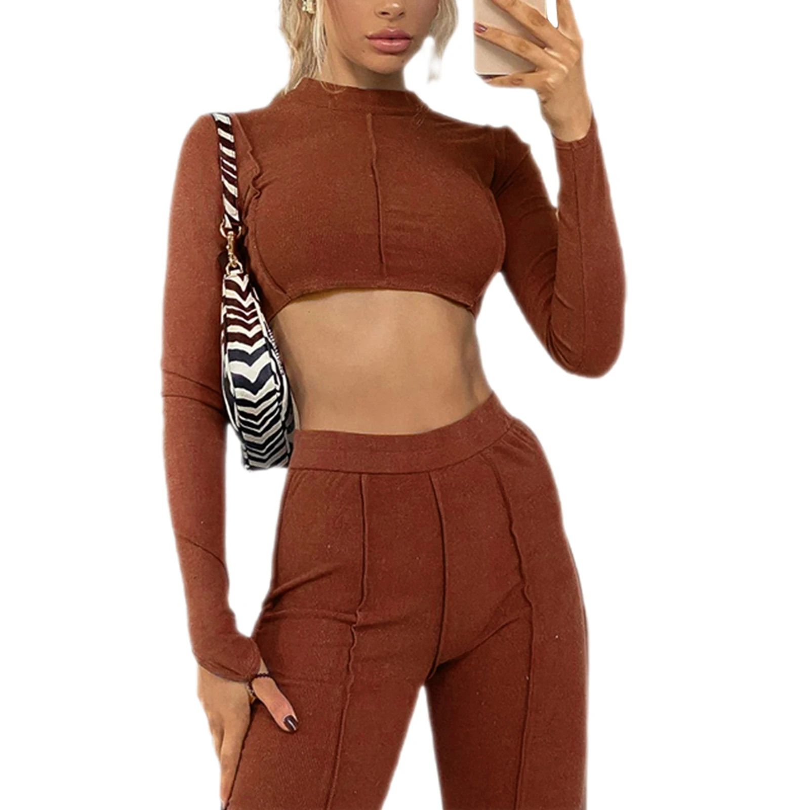 

2 Pieces Suit Set, Women\u2019 s Solid Color Round Neck Long Sleeve Crop Top+ Trousers, White/Black/Brown