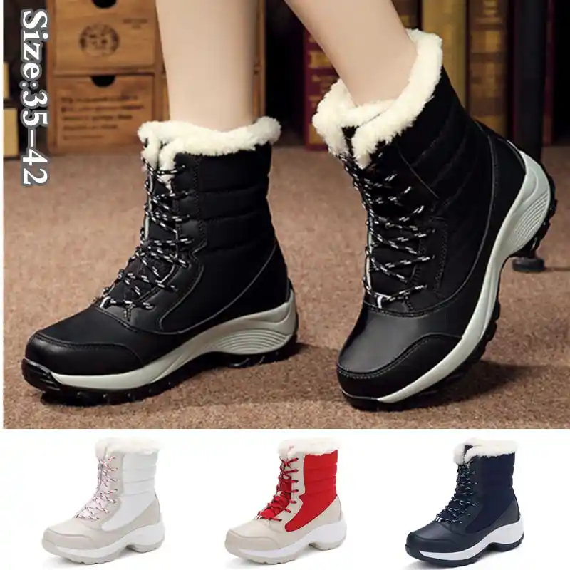 女性の雪のブーツファッション冬暖かい靴カジュアル厚い綿ミッドヒール防水アンクルブーツ Hiking Shoes Aliexpress