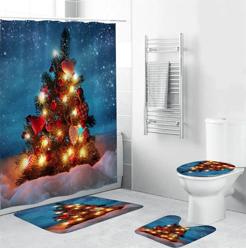 4 шт Рождественский набор для ванной Душевой Занавески Нескользящие Ковровые Коврики для туалета покрывало коврик набор 3D Рождественская елка аксессуары для ванной комнаты F1011