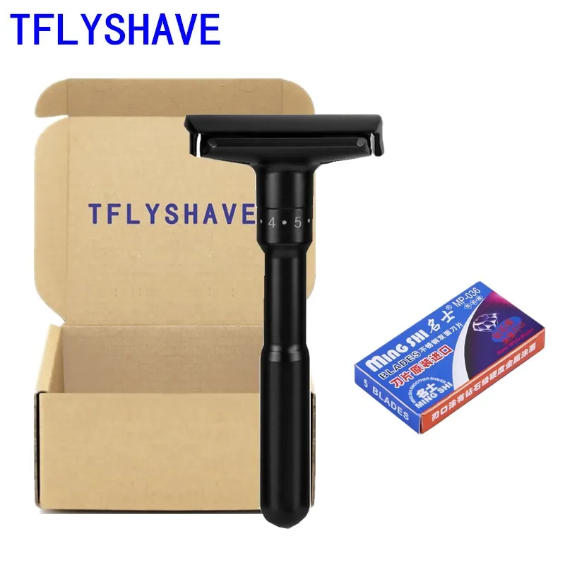 

TFLYSHAVE Men Double Shaver Razor Luxurious Black Adjustable Safety Razor Classic Stand Safety Razor Men Shaving with 5 Blades
