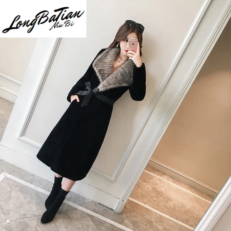 Real Female 2020 Sheep Shearling Jacket Winter Coat Women Mink Fur Collar 100% Wool Coats Long Jackets MY4525 | Женская одежда