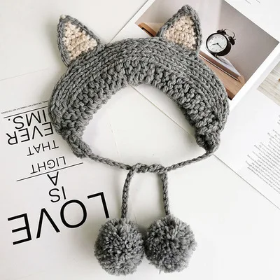 3baby size Винтажные шерстяные чехлы с ушками, милый галстук, теплые вязаные осенне-зимние аксессуары для девочек, одноцветные шариковые наушники - Цвет: 3baby size