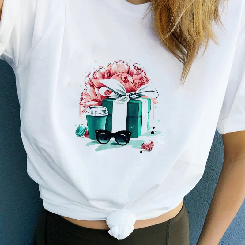 

Women Clothes Summer Coffee Fashion Sweet Flower Paint Print Ladies Printed harajuku Top Casual Woman Tee Shirt T Female T-shirt