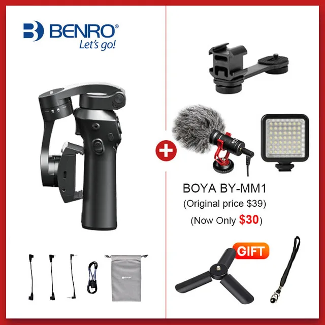 BENRO P1 3 оси ручной gimbals смартфон стабилизатор для Gopro hero 7 iPhone huawei XiaoMi Pk Snoppa Atom DJI Osmo mobile 3 2 - Цвет: add Mic Light mount