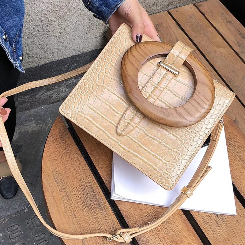 

Fashion Alligator Wooden Handle Tote Female Luxury Pu Leather Handbgs Women Designer Crocodile Shoulder Crossbody Bags For Women