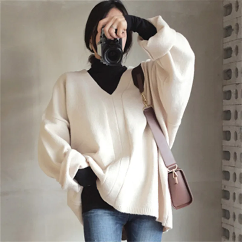 

Beige Loose Women Sweaters Fall Winter Korean Simple V-neck Solid Knit Pullovers Female Soft Warm Oversize Jumpers Top
