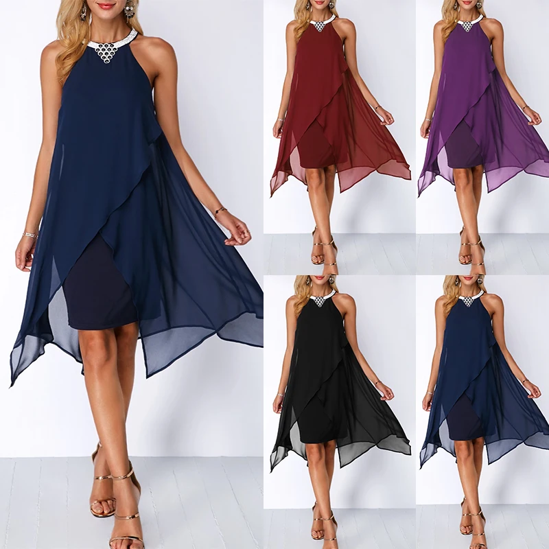 Suzhan 2019 Sexy Women Irregular Dress Halter Neck Sleeveless Solid Summer Dresses Loose Dress