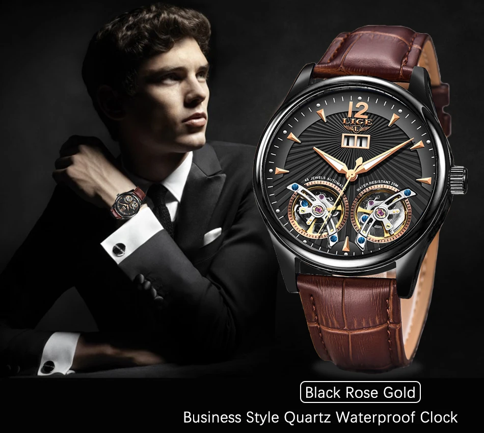 Watch Men 2019 New LIGE Blue Leather Double Tourbillon Mechanical Mens Watches Top Brand Luxury Automatic Clock Montre Homme+Box | Наручные