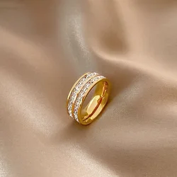 Luxurious Rose Gold Zirconia Ring - Premium Hypoallergenic Stainless Steel Jewelry - 8 (Gold Double Row)