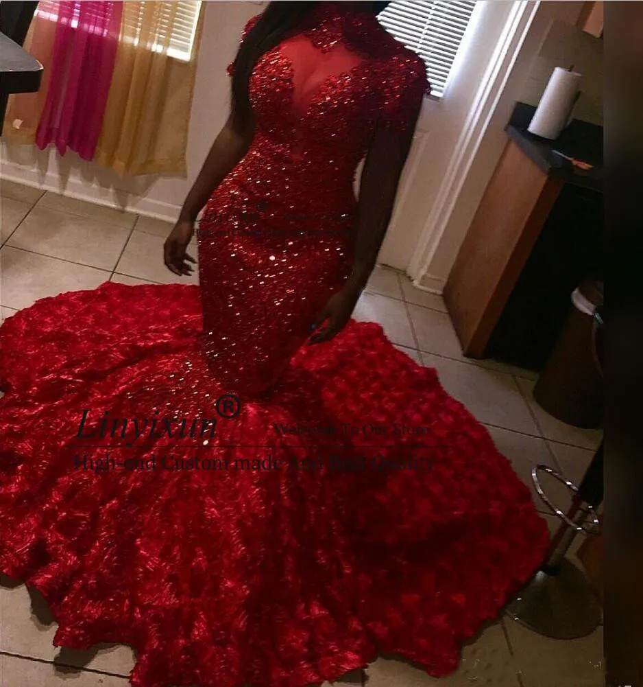 Sparkly Red Prom Dresses High Neck Short Sleeves 3D Rose Flowers Sweep Train Mermaid Evening Gowns Custom Celebrity Party Dress ball gown prom dresses Prom Dresses