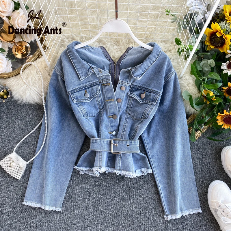 

Women Denim Coat Pockets Sashes Single Breasted Zipper Slim Jean Jacket Long Sleeve Turn-down Collar Female Fashion Chic Outwear