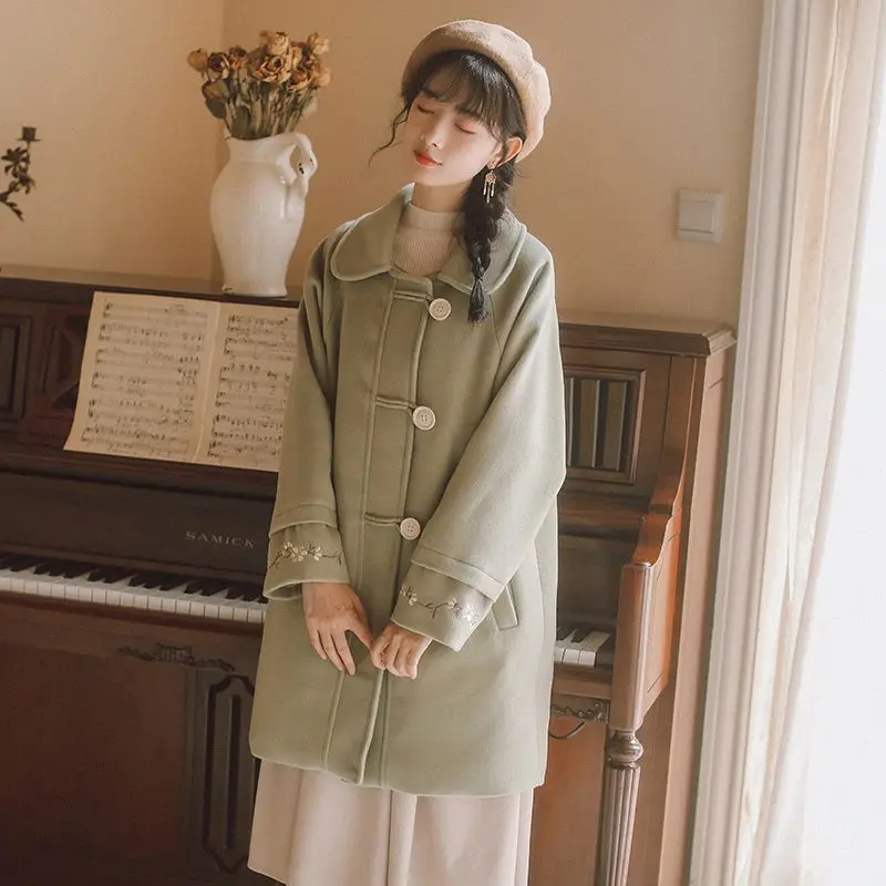 New Vintage Women Wool Blends Coat Full Sleeve Literature And Art Coats Outerwear Green 8888