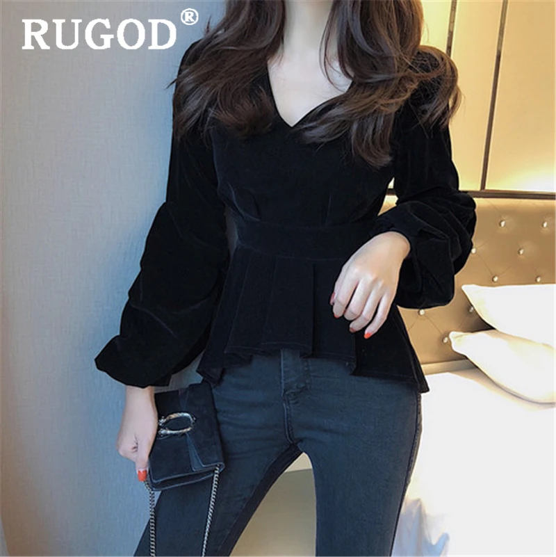 RUGOD, новинка, элегантные офисные женские рубашки, модные, с оборками, v-образный вырез, тонкая, Вельветовая женская блузка, Ретро стиль, рукав-фонарик, повседневные топы