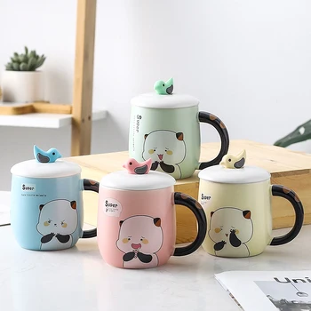 

Cartoon Cute Bear Ceramic Mug Creative Coffee Cup with Lid Spoon Handgrip Household Breakfast Milk Juice Mugs and Cups for Gifts