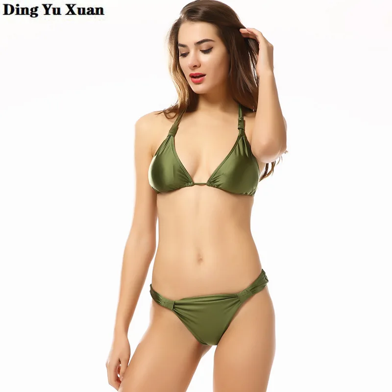 

Army Green Swimsuit Women 2 Two Piece Sexy Bikini Set Bandage Halter Top Bra and Brief 2020 Summer Swimming Bathing Suit Bikinis