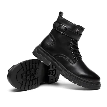 

Men Winter Boots Footwear Genuine Leather High Top Ankle Boots Lace Up Round Toe Metal Buckle European Style Work Army Botas