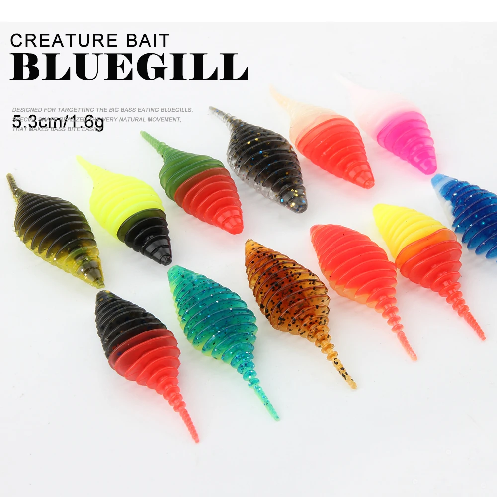 10pcs Soft Fishing Lures Ribbed Worm Creature Bait 5.3cm 1.6g
