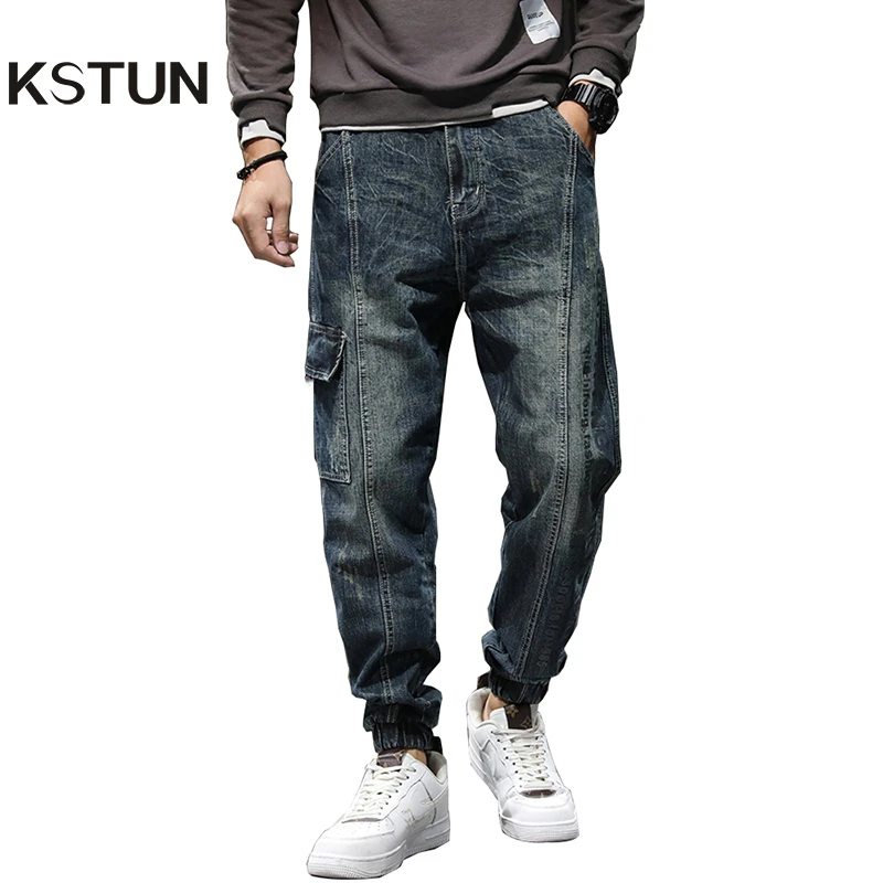 Pantalones vaqueros Harem para hombre, de calle azul, elásticos, Haren, con bolsillos laterales, para motociclista, Demim, de pies Joggers cónicos|Pantalones vaqueros| - AliExpress