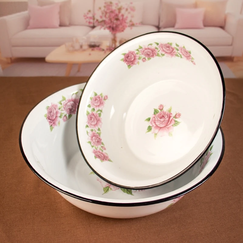 Enamel Wash Basin Antique With Chinese Traditional Totems High Capacity Home Restaurant Kitchen Food Container Soup Pot