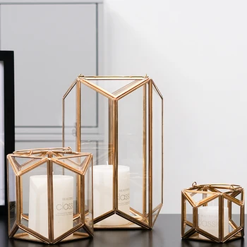 INS Copper-Plated Geometric Glass Cover Portable Candlestick Decoration Nordic Style Living Room Courtyard Candle Holders  Iron