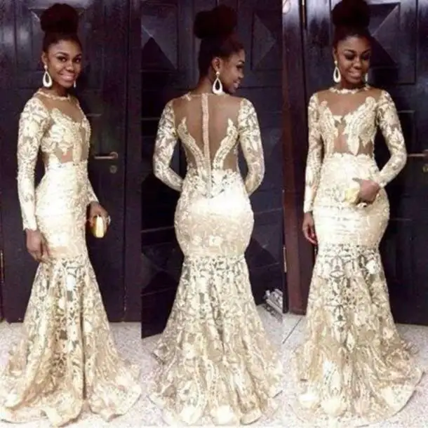 

Mermaid Prom Dresses 2015 Sexy Sheer Crew White Lace Prom Dress Zipper Back Court Train Long Sleeves Party Evening Gowns R217