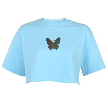 

Women Reflective Butterfly Print Tees Patterns Crop Top Short Sleeve Printed Navel T-shirts