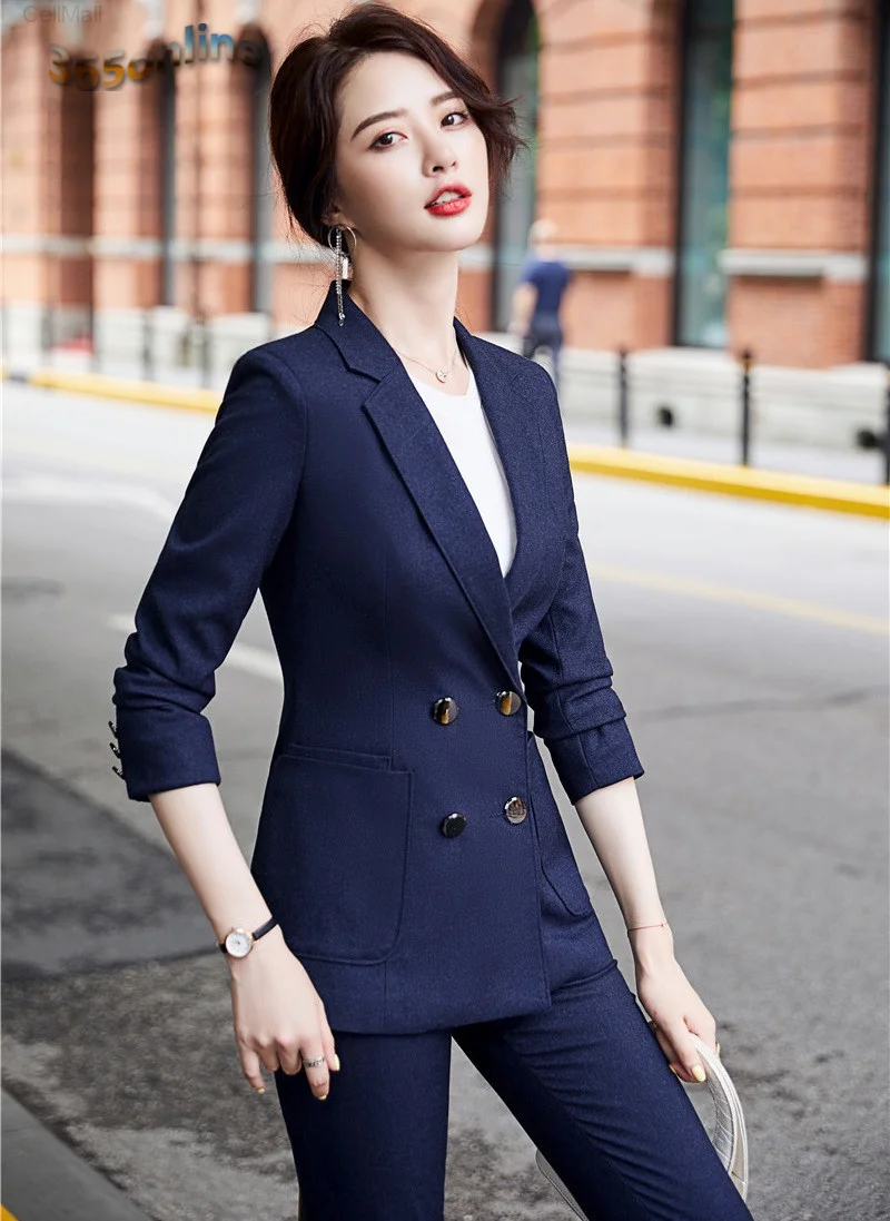 

2020 Autumn Winter High Quality Fabric Formal Uniform Designs Pantsuits OL Styles Professional Career Ladies Office Blazers Set