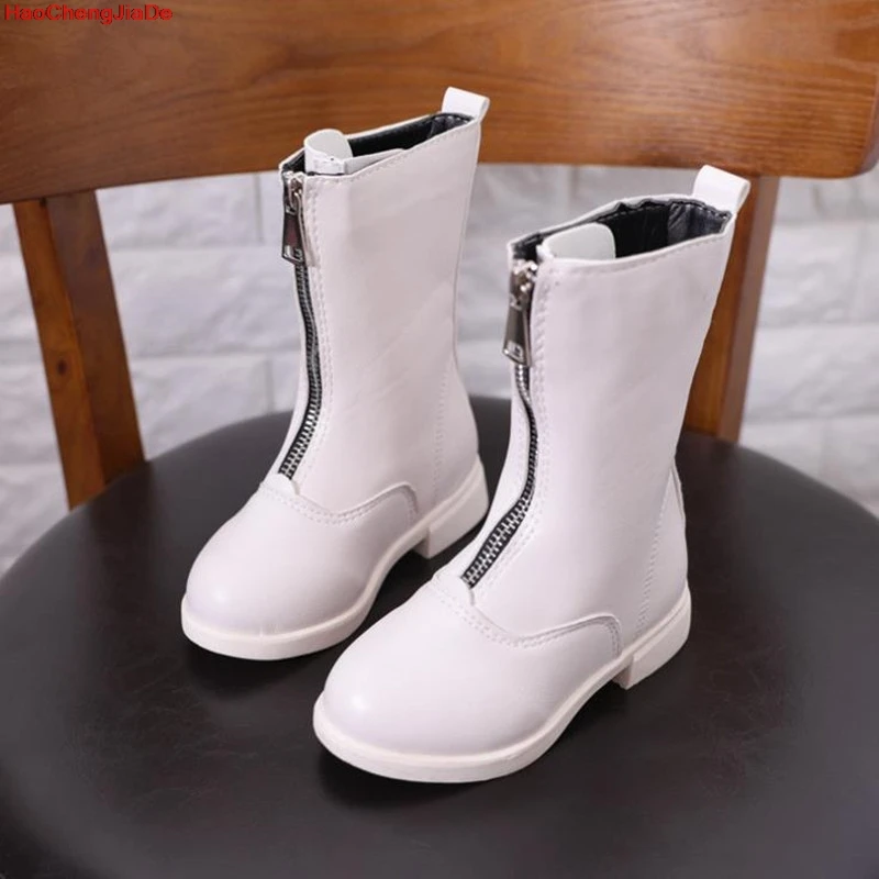 

Children's Martin Boots Winter New Plus Velvet Girls Warm High Boots Front Zipper Student Leather Boots Small Children