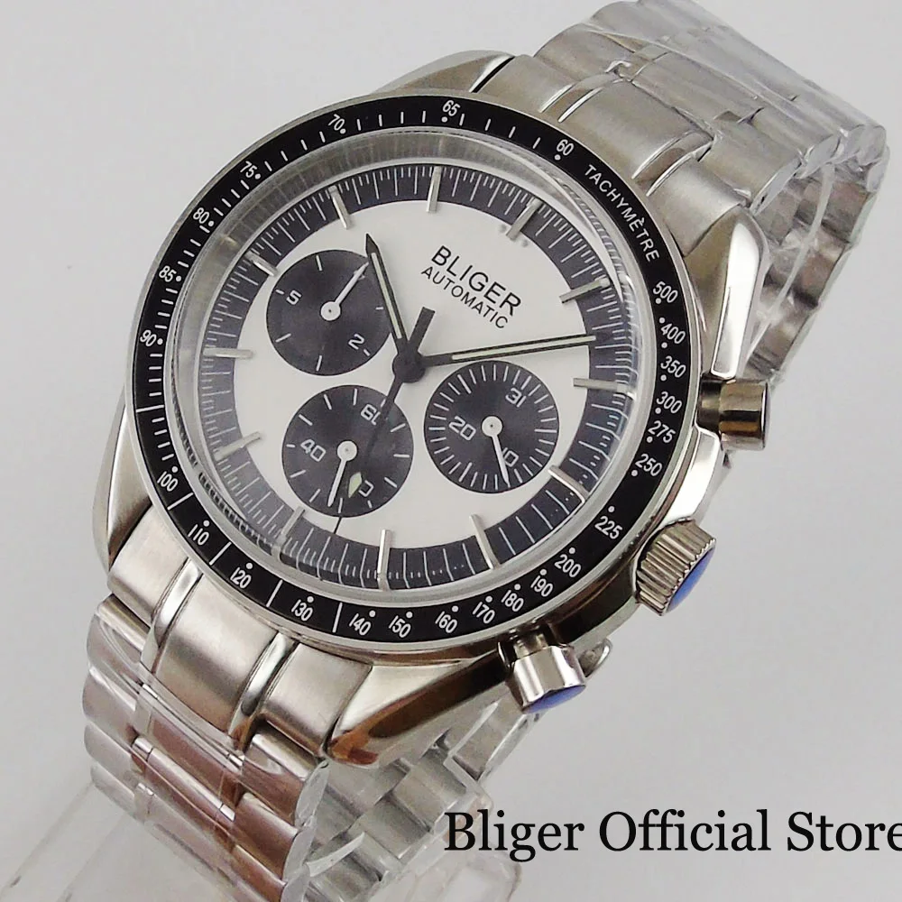 

Простые механические мужские часы BLIGER с тремя глазами и отображением даты и недели NN3836, мужские часы Move t с ремешком из нержавеющей стали, минеральное стекло