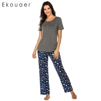

Ekouaer Pajamas Set Women Loungewear Clothes O-Neck Short Sleeve Button Prints Pajama Suit Female Spring Sleepwear Clothes