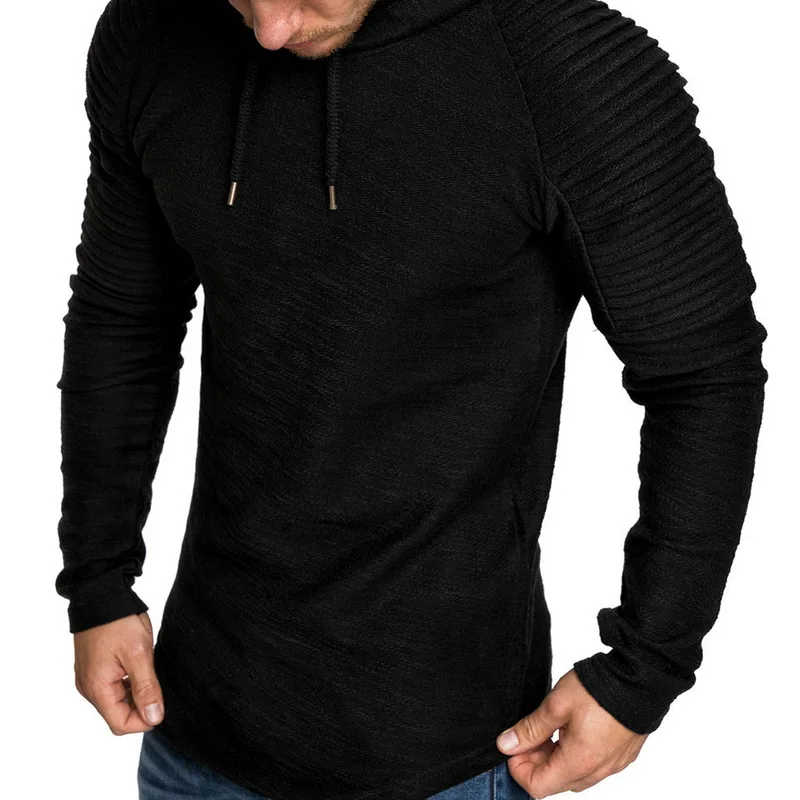 

Slim Hip Streetwear Hooded Tops Stripe Frill Ruffled Sleeve Solid Basic Sweatshirts With Cap Ragan Sleeve Hoodies Men Hooded Top