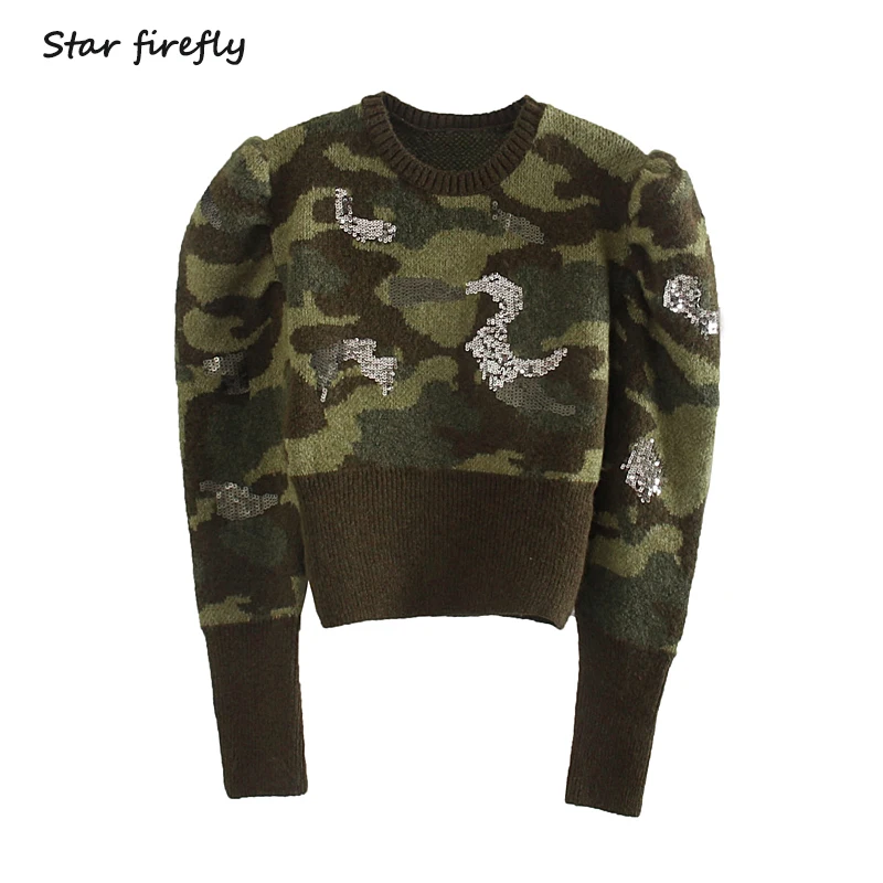 Online Sterne firefly herbst military stil stil puff hülse kurze pullover weibliche 2019 beiläufige dünne rundhals perlen stück pullover