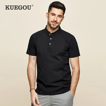 

KUEGOU 2020 Summer Cotton Button Plain White T Shirt Men Tshirt Brand T-shirt Short Sleeve Tee Shirt Casual Plus Size Tops 3357