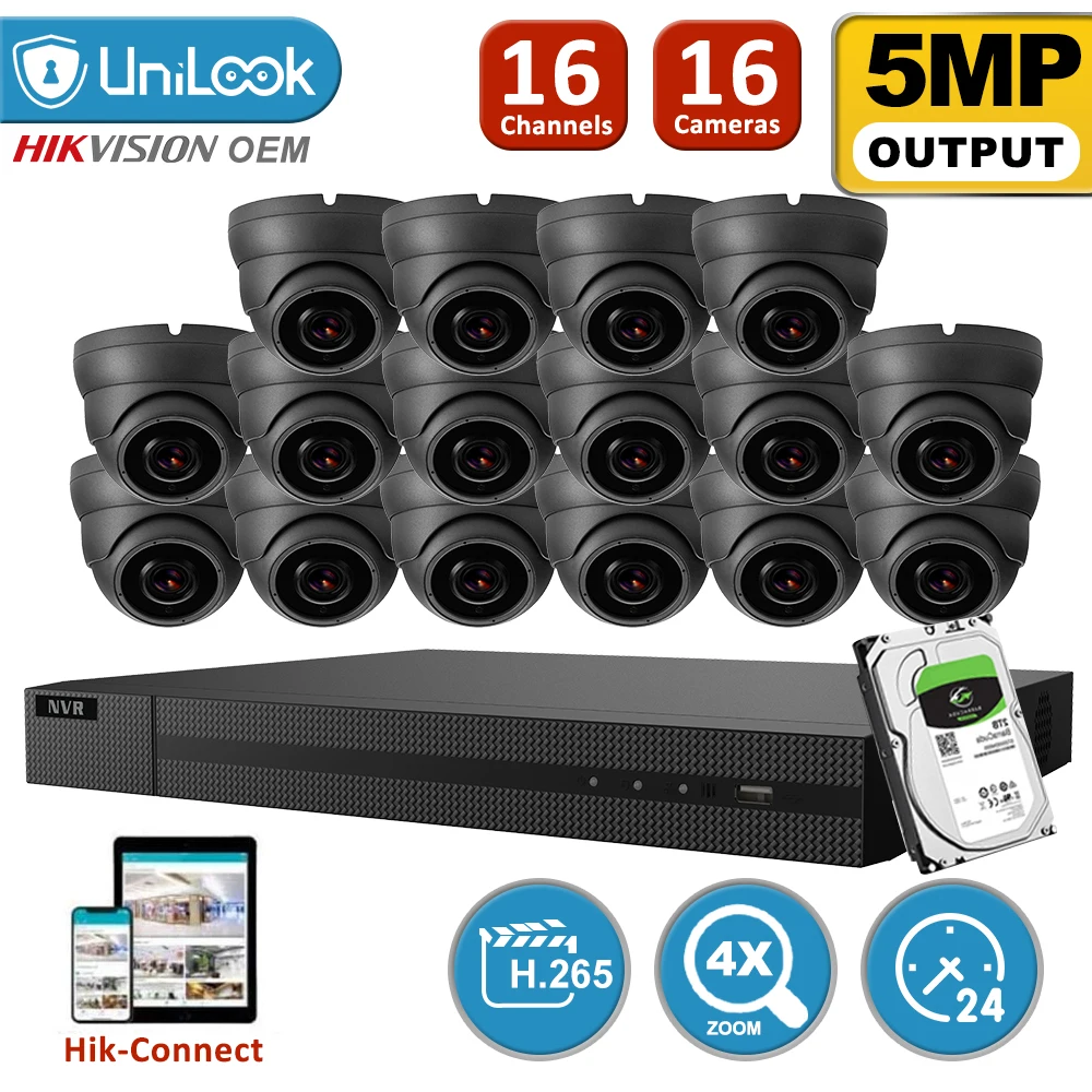 UniLook 16CH NVR 16Pcs 5MP Gray Dome POE IP Camera Kit Security System 2.8-12mm Lens 4X Zoom IR P2P View Onvif H.265 | Безопасность и