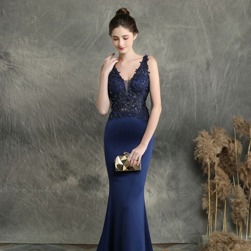 YIDINGZS темно-синее с v-образным вырезом с аппликацией из бисера длинное вечернее платье прозрачное элегантное вечернее платье YD16158