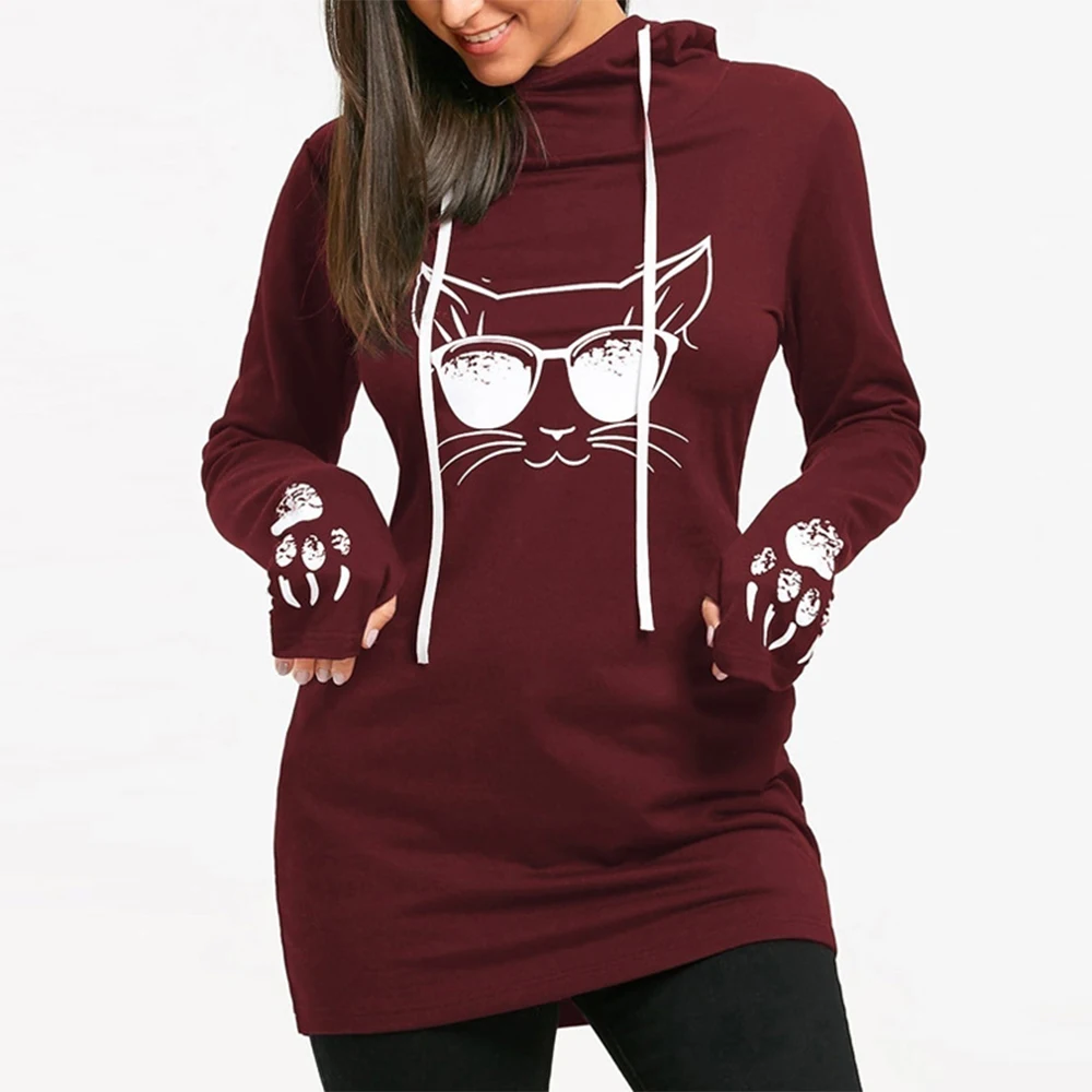Wipalo Женская толстовка с принтом кота, длинный рукав, лонгслив с принтом "кошачьи лапки", пуловер с капюшоном, плюс сайз