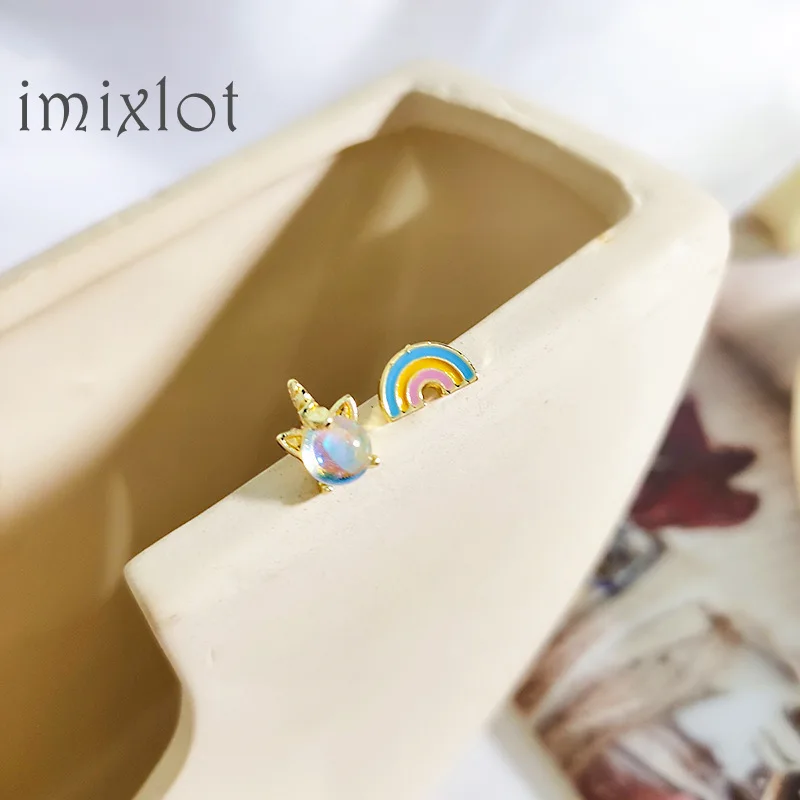 925 пробы серебряные Асимметричные радужные серьги-гвоздики в виде единорога для женщин, свадебный подарок, женские серьги
