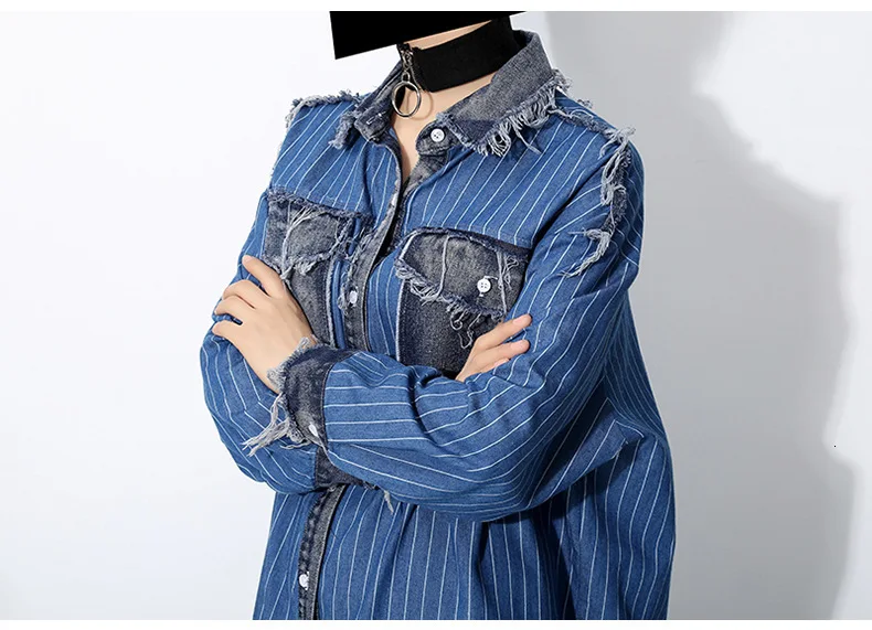 [EAM] Women Blue Striped Denim Big Size Shirt Dress New Lapel Long Sleeve Loose Fit Fashion Tide Spring Autumn 19A-a282