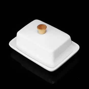 

New 8 Inch Nordic Butter Sealing Box Ceramic Butter Plate with Wood Lid Cheese Storage Tray Butter Dish White
