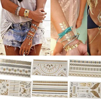 

1 Sheet Retro Tattoo Stickers Bronzing Jewelry Bracelet Shape Tattoos Aterproof Temporary Flash Tattoo Stickers