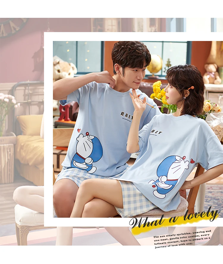 Funny Japan Anime Doraemon Couples Pajamas Sets Women Men Summer Cotton Sleepwear Korean Blue Plaid Short Sleeve Lovers Homewear silk pajama pants